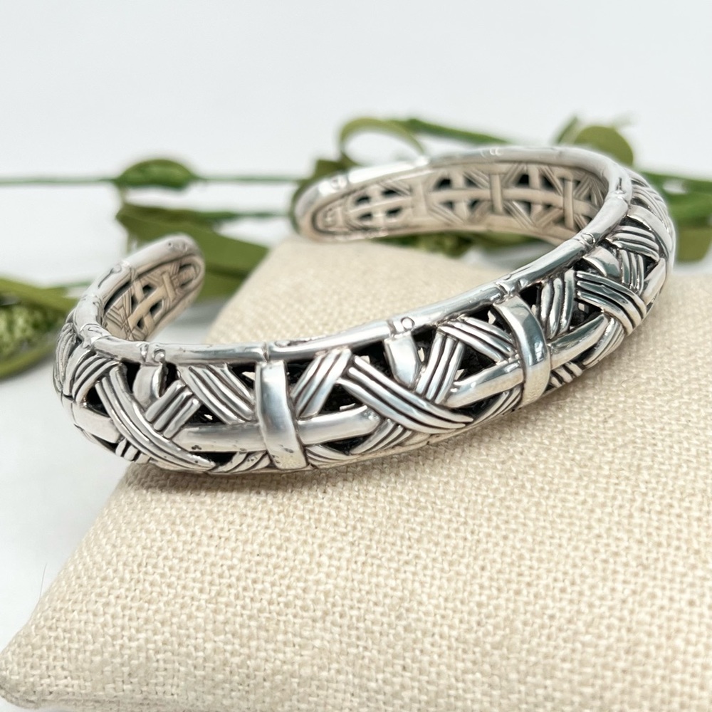 John Hardy Bamboo Basketweave Hinged Kick Cuff Bracelet .925